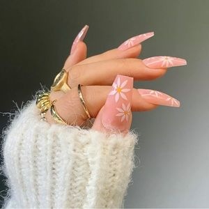 24 pcs medium length daisy flower printed press on nail